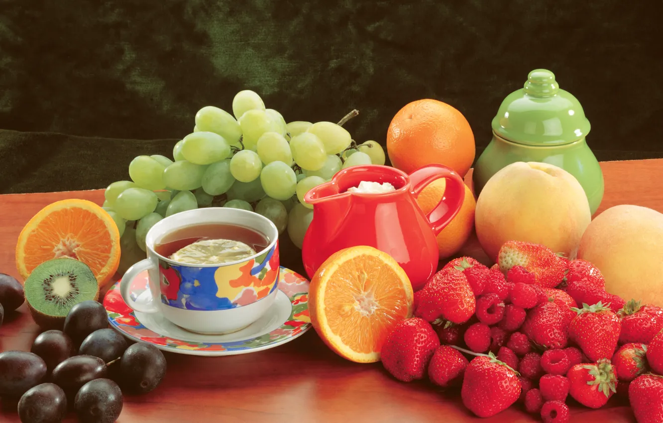 Photo wallpaper berries, raspberry, table, tea, oranges, kiwi, strawberry, grapes, Cup, fruit, still life, peaches, plum