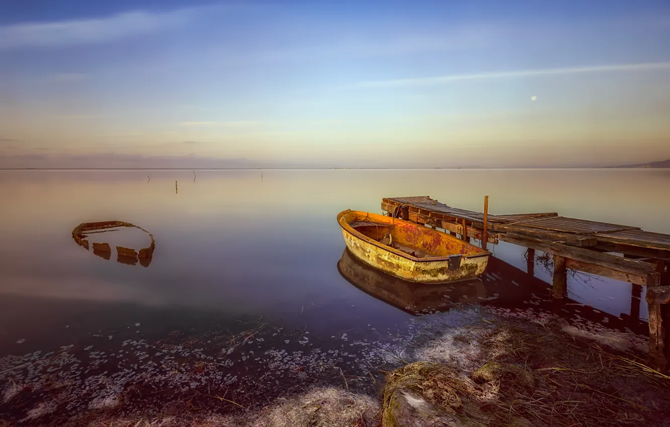 Photo wallpaper sea, sunset, boat, pier