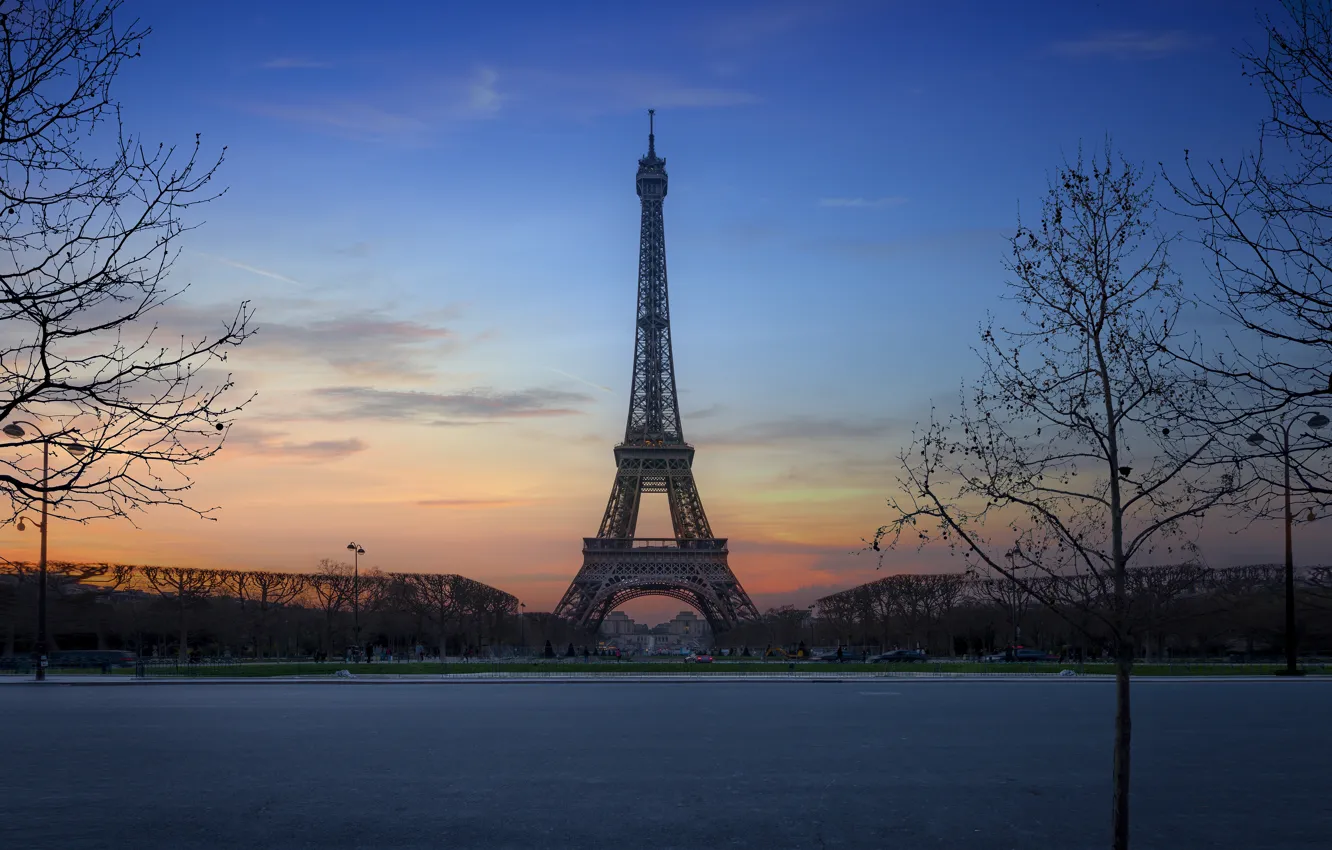Photo wallpaper trees, sunset, France, Paris, Eiffel Tower, Paris, France, Eiffel Tower