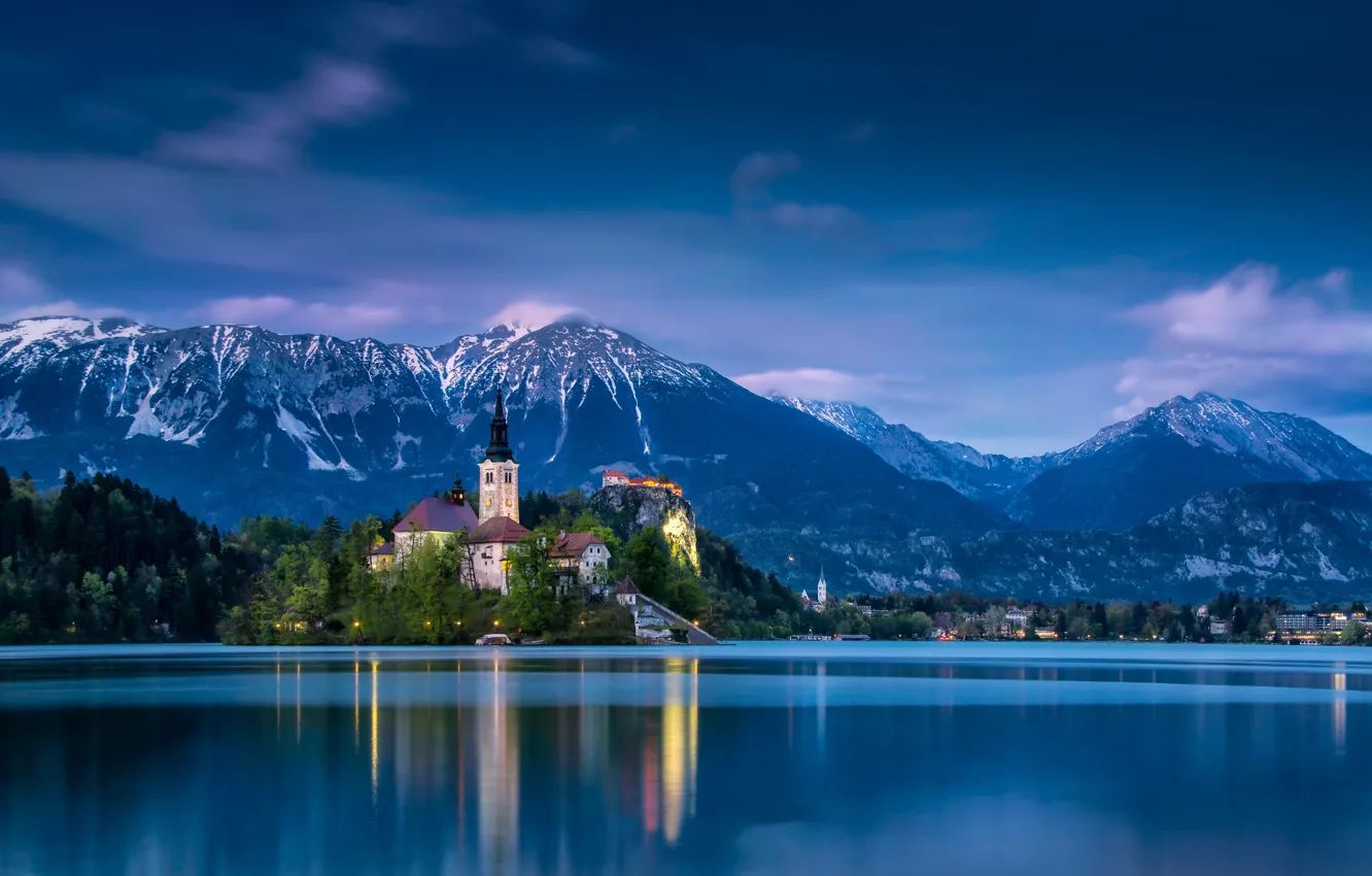 Photo wallpaper mountains, lake, island, Slovenia, Lake Bled, Slovenia, Lake bled, Bled, Assumption of Mary Pilgrimage Church, …
