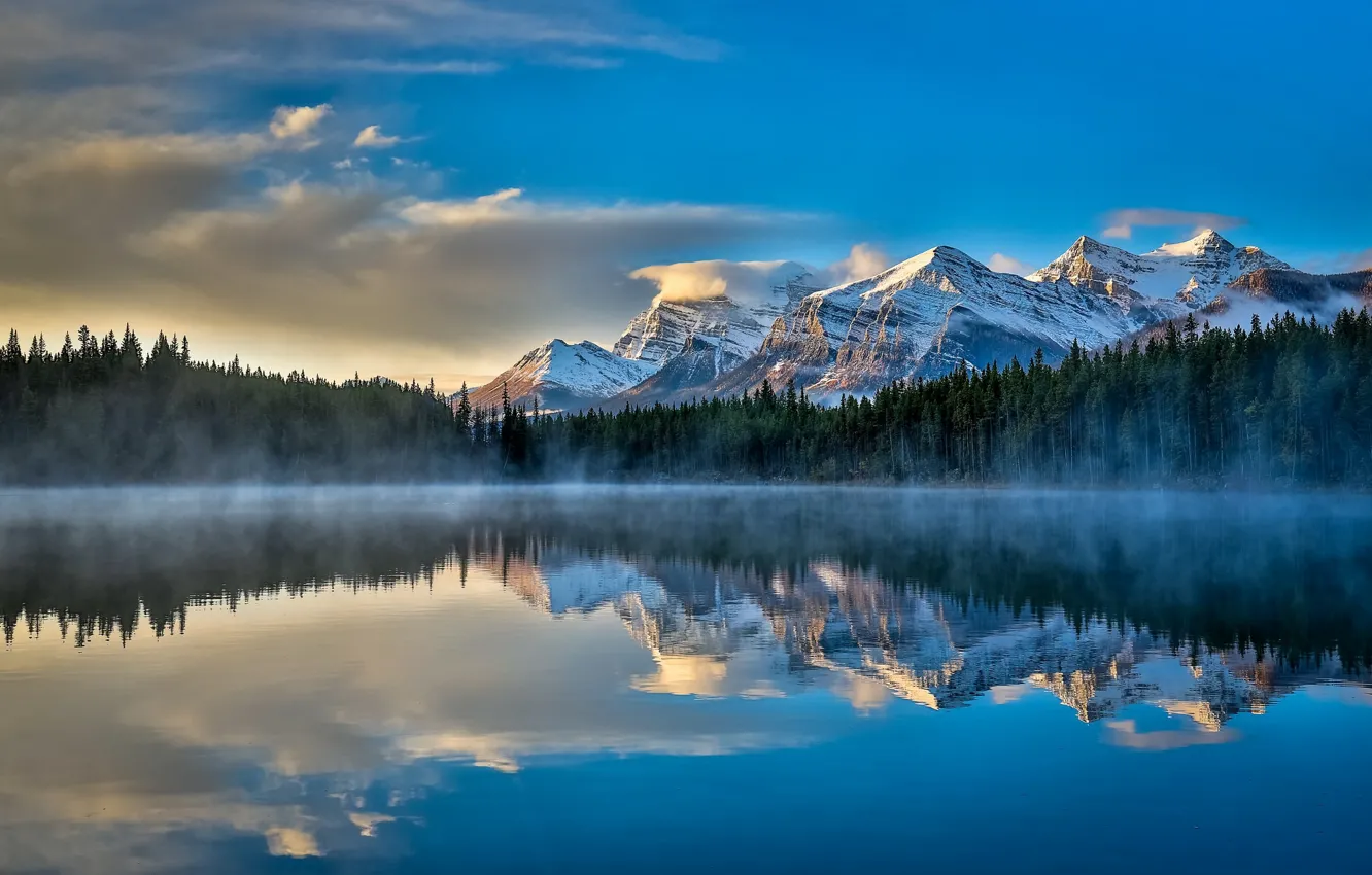 Photo wallpaper the sky, clouds, mountains, lake, reflection, calm, morning, Canada, haze, Banff National Park, Canada, Herbert …
