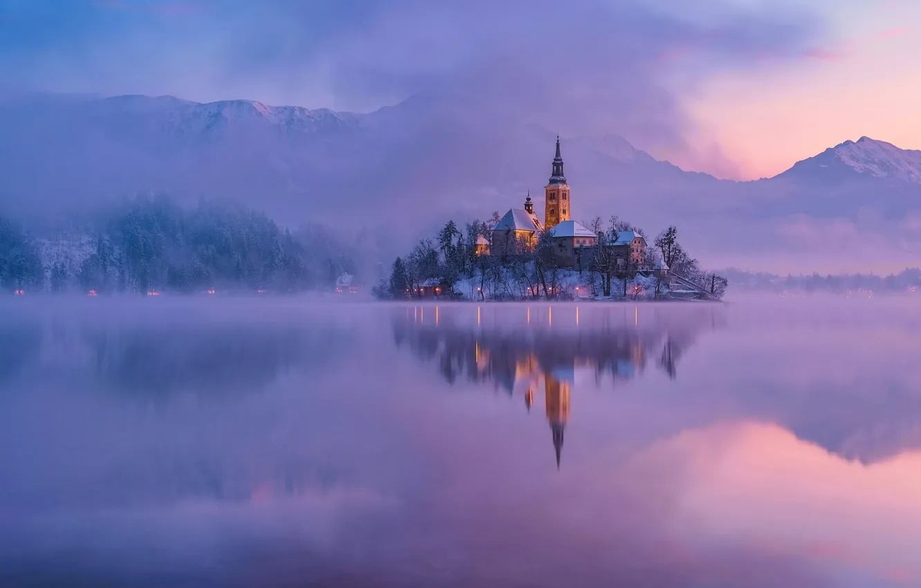 Photo wallpaper winter, mountains, fog, the evening, morning, Lake bled, Bled