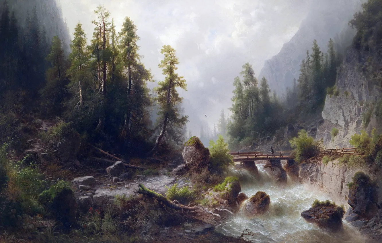 Photo wallpaper forest, mountains, bridge, stream, ate, rapids, Albert Rieger, Mountain stream