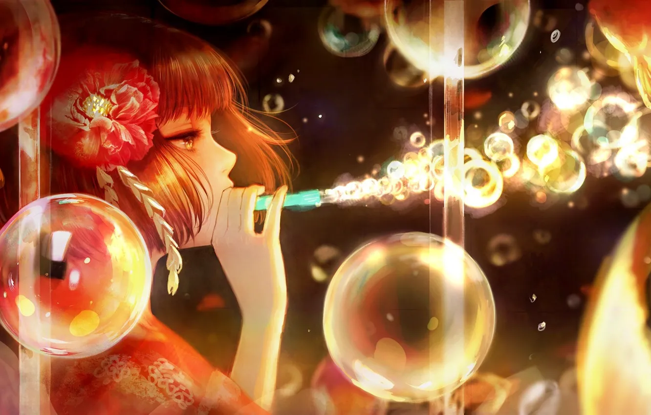 Photo wallpaper flower, girl, bubbles, anime, art, profile, romiy
