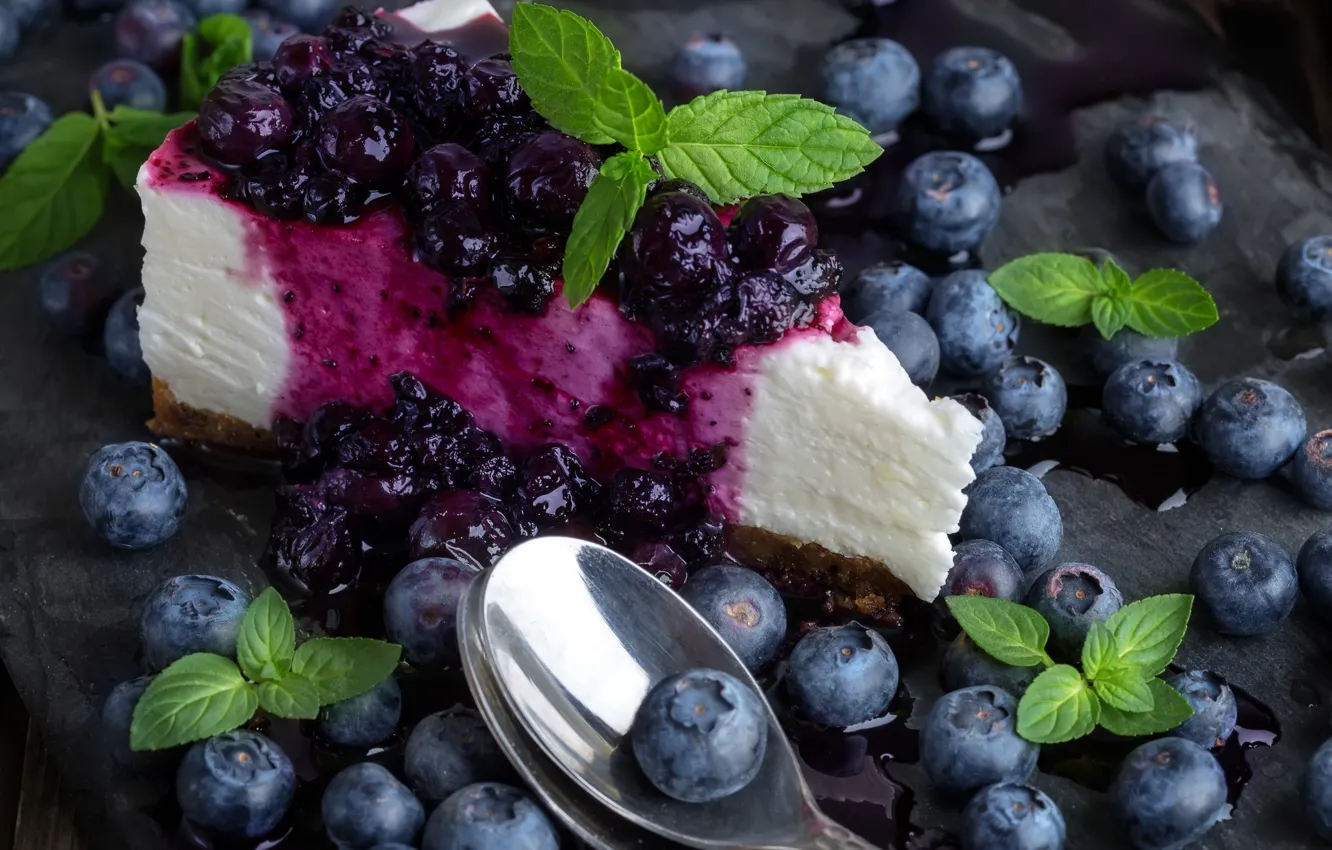 Photo wallpaper berries, spoon, cake, dessert, blueberries, cheesecake. 