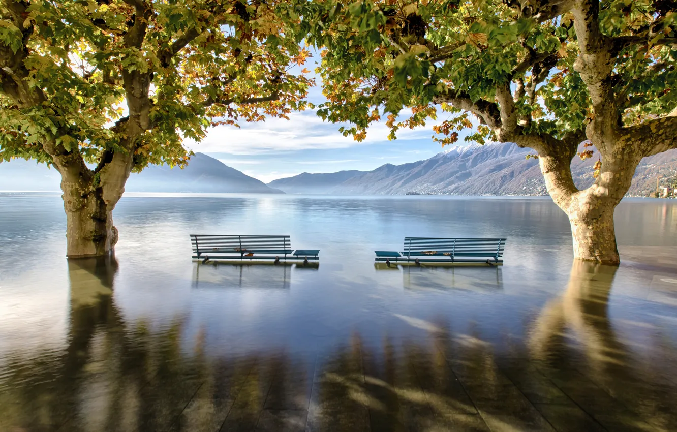 Photo wallpaper water, trees, mountains, lake, Switzerland, Alps, flood, benches, Switzerland, benches, Alps, Ascona, Ascona, Maggiore, Lake …