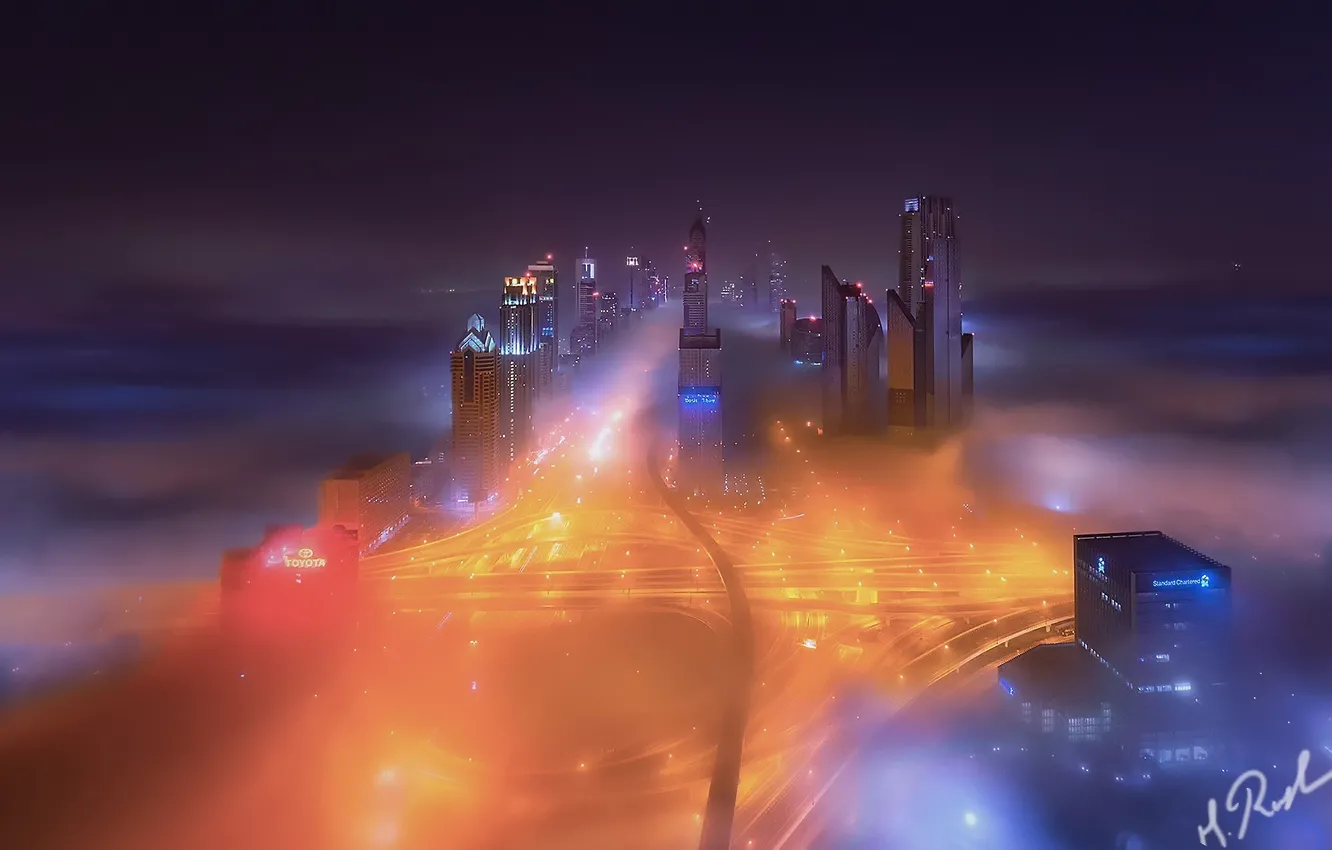Photo wallpaper night, the city, lights, fog, Dubai, UAE