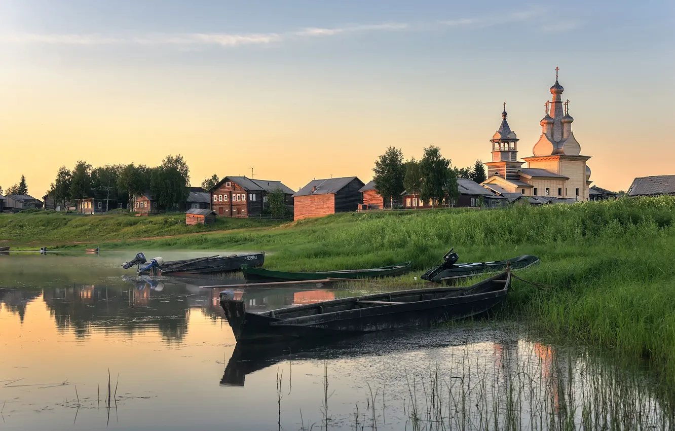 Photo wallpaper river, dawn, boats, village, Arkhangelsk oblast, Kimzha