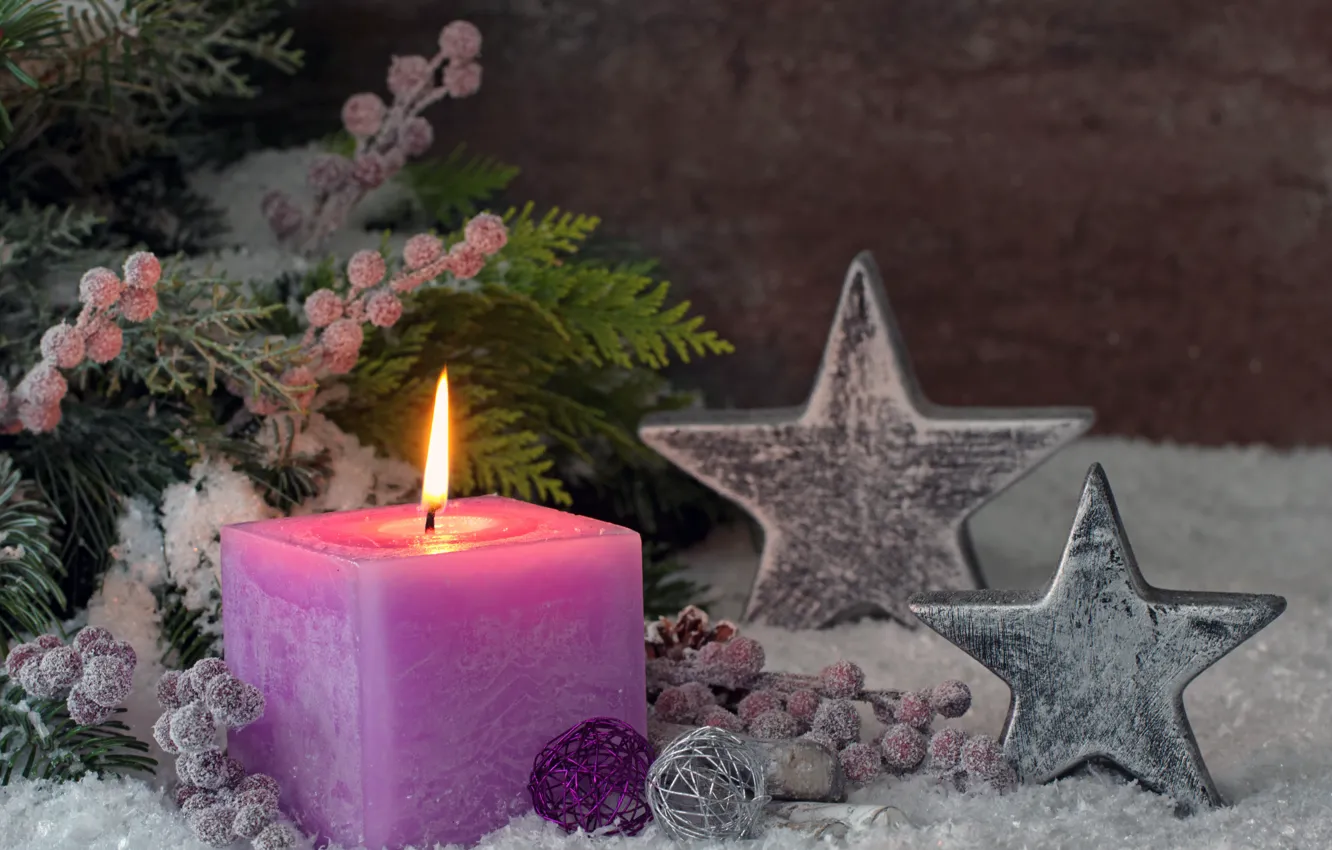 Photo wallpaper new year, candles, decor, fir-tree branches