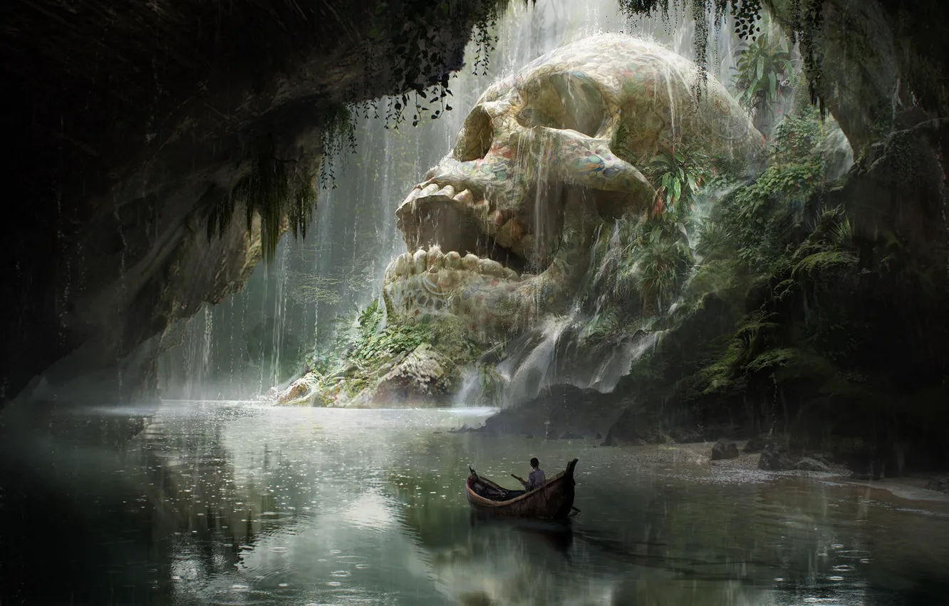 Photo wallpaper boat, skull, art, fantasy, journey, Quentin Mabille, Skull Cave