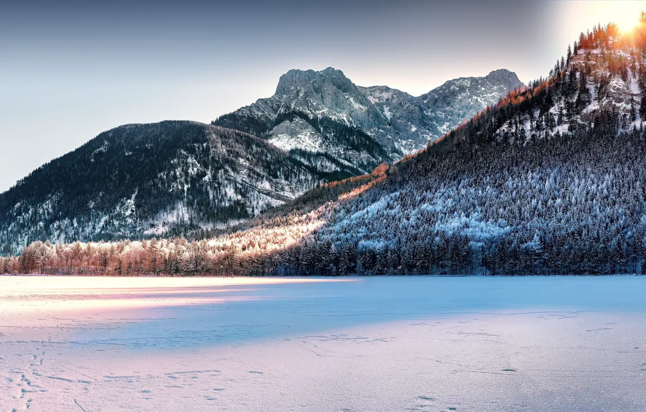 Photo wallpaper winter, the sun, snow, mountains, Austria, ate, Alps