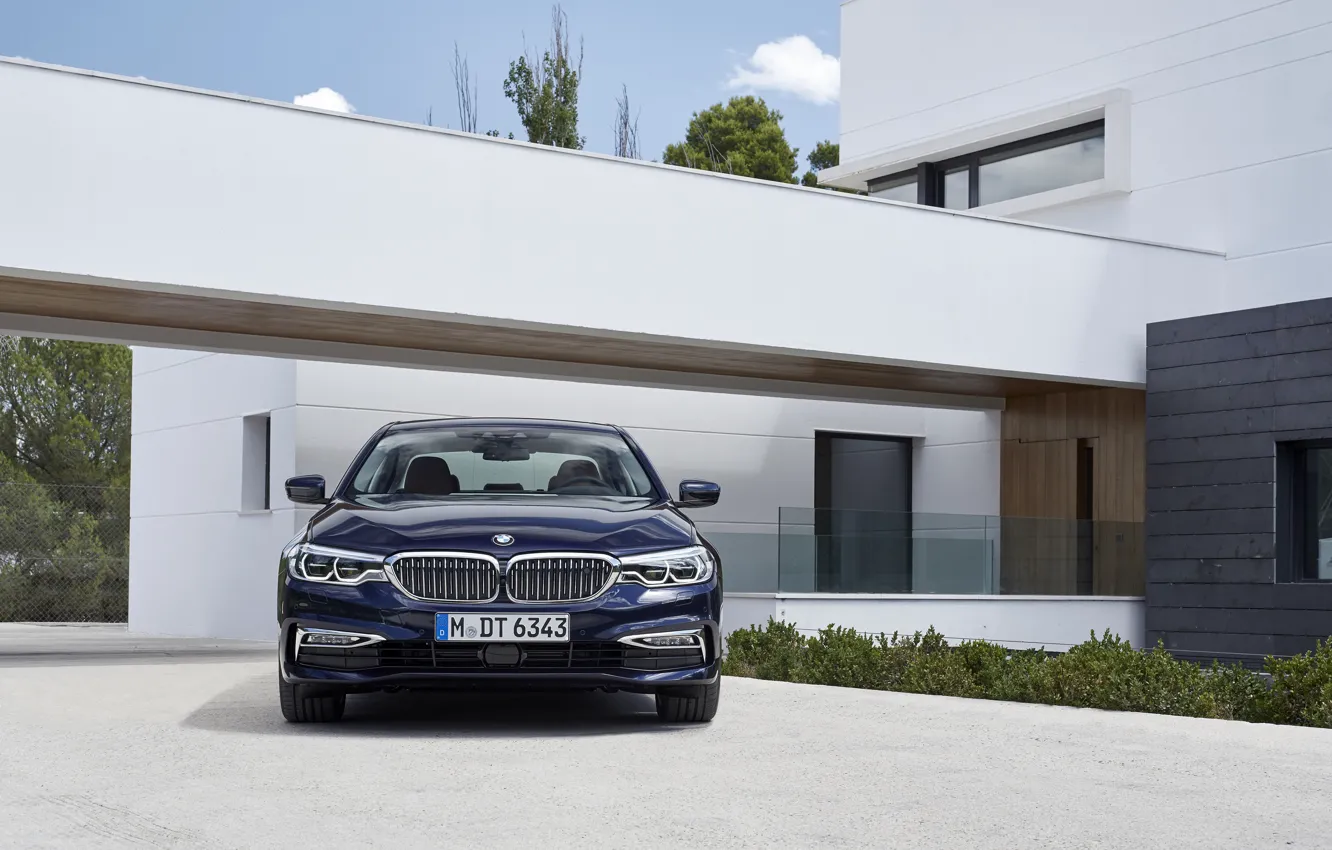Photo wallpaper house, vegetation, BMW, sedan, front view, facade, xDrive, 530d, Luxury Line, 5, dark blue, four-door, …