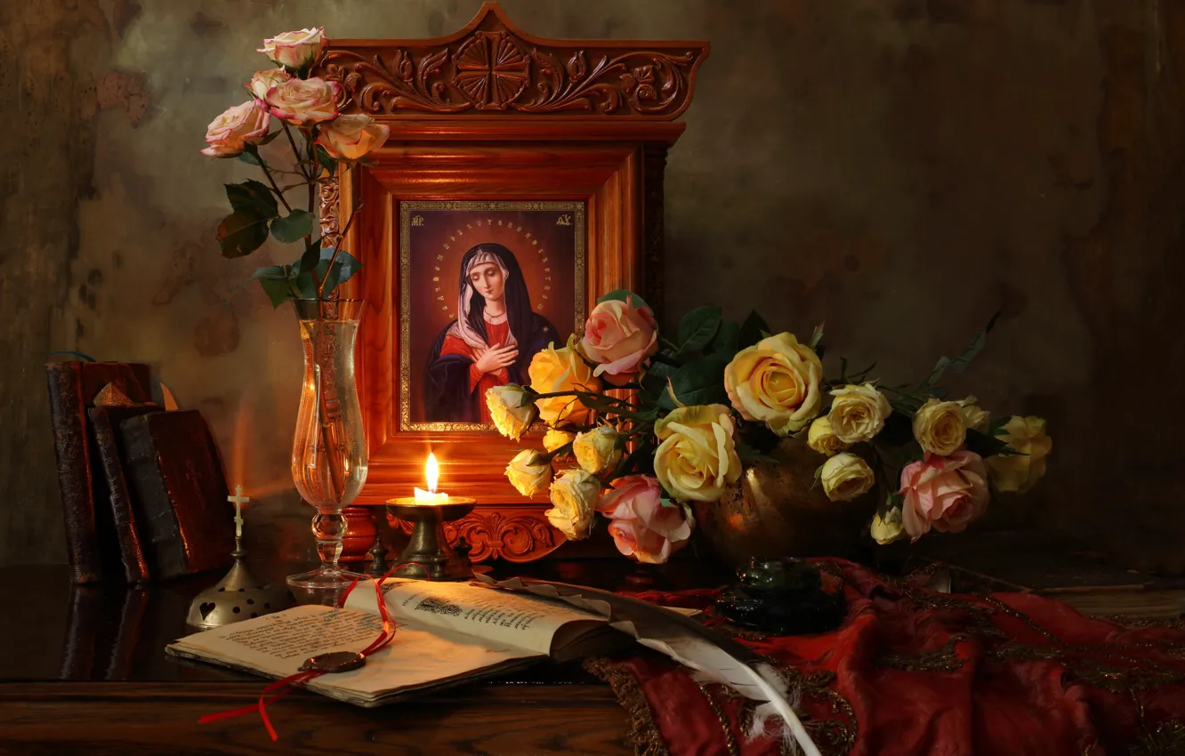 Photo wallpaper candle, bouquet, icon, Still life with flowers and icon