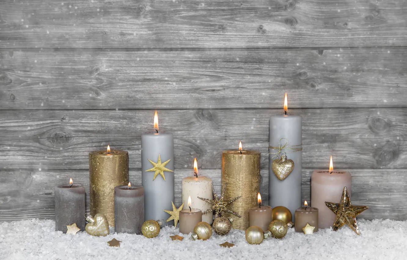 Photo wallpaper snow, decoration, lights, candles, New Year, Christmas, happy, Christmas, wood, New Year, Merry Christmas, Xmas, …