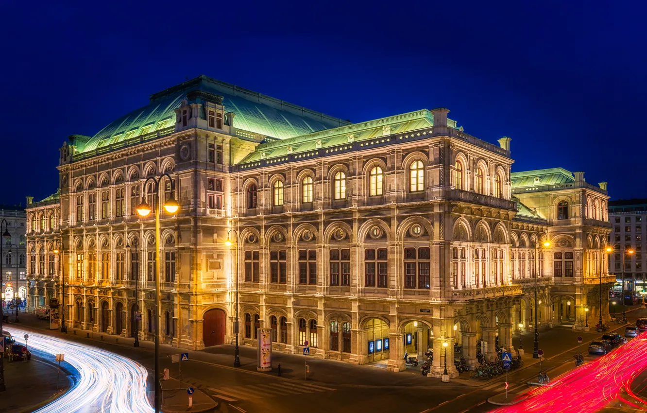 Photo wallpaper night, lights, the building, road, home, excerpt, Austria, lights, street, Palace, Opera House, Vienna, Staatsoper