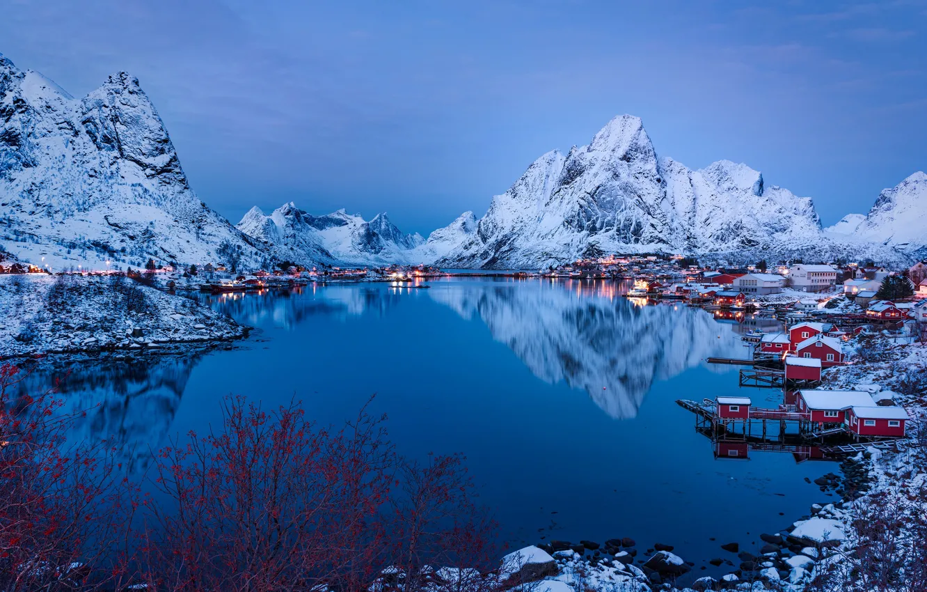 Photo wallpaper winter, the sky, water, snow, mountains, lights, reflection, the evening, Norway, Bay, houses, The Lofoten …