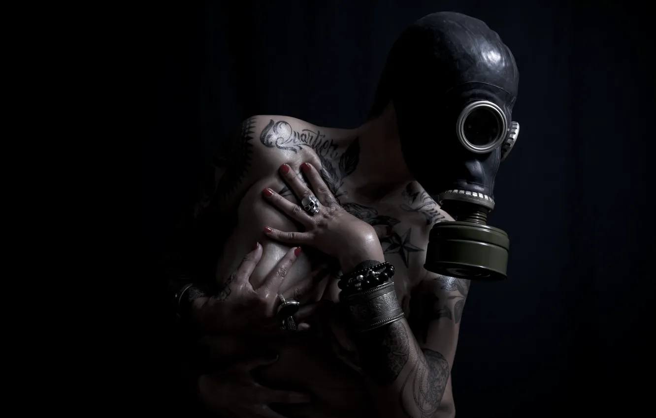 Wallpaper girl, hands, tattoo, gas mask images for desktop, section девушки  - download