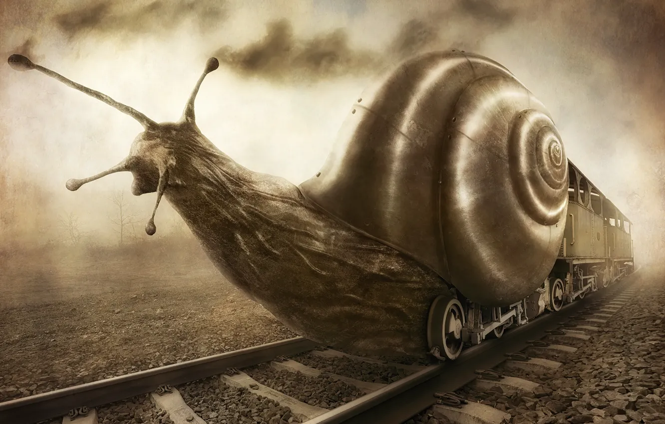 Photo wallpaper fantasy, train, snail, humor, art, rail