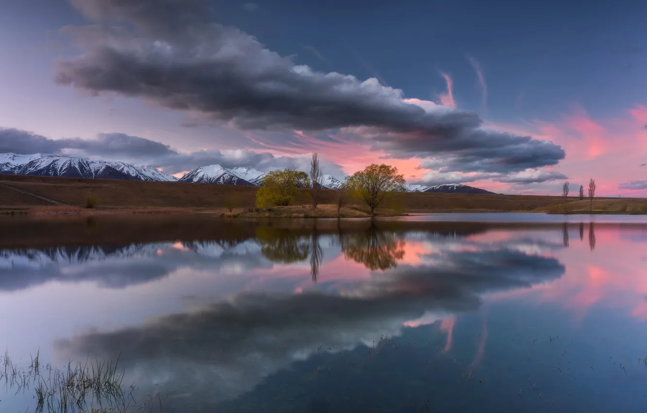 Photo wallpaper clouds, reflection, mountains, lake, New Zealand