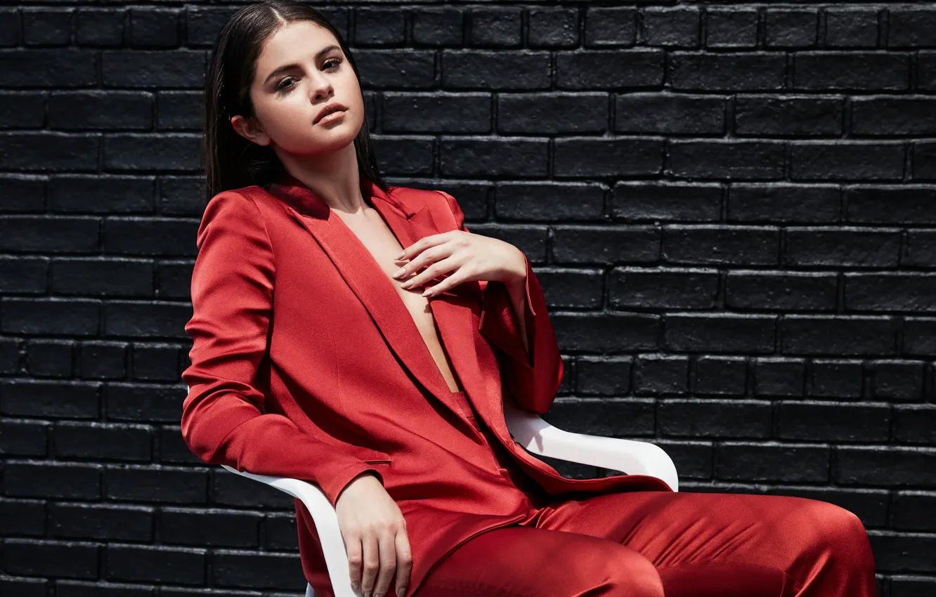 Photo wallpaper sitting, celebrity, Selena Gomez, red suit