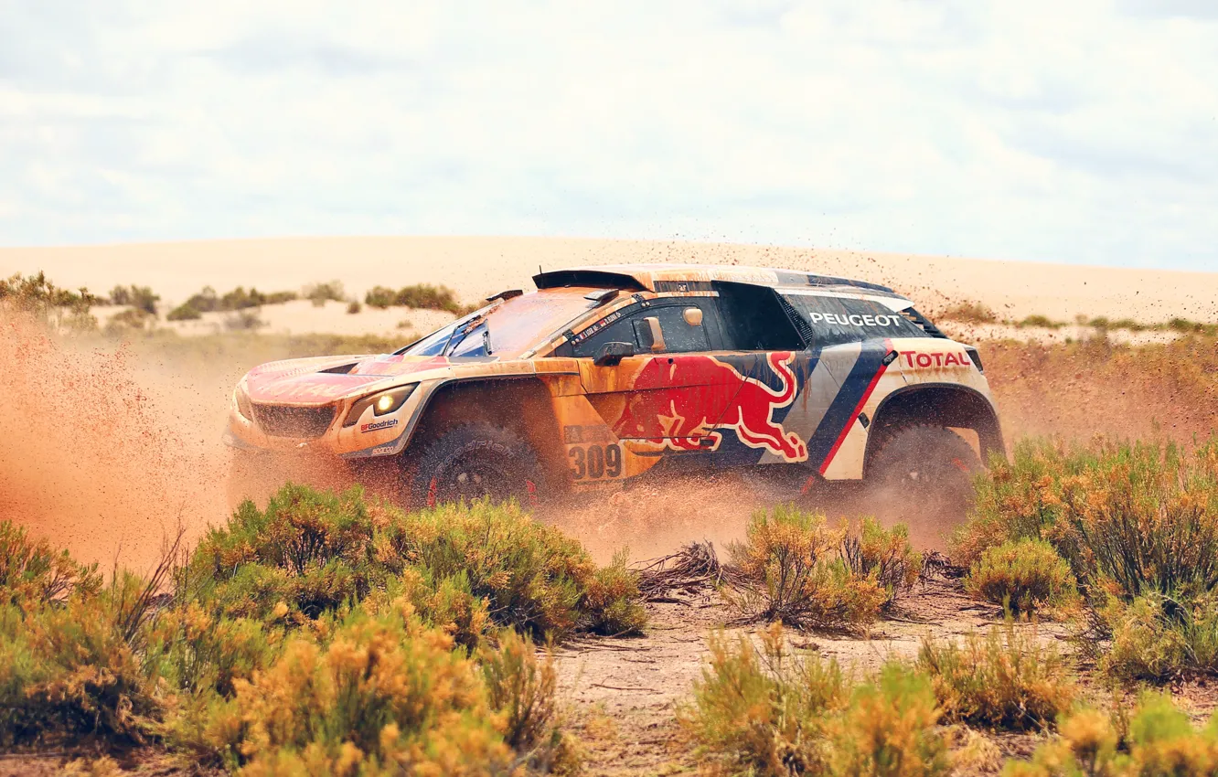 Photo wallpaper Sand, Auto, Sport, Machine, Speed, Race, Dirt, Peugeot, Squirt, Red Bull, Rally, Dakar, Dakar, SUV, …