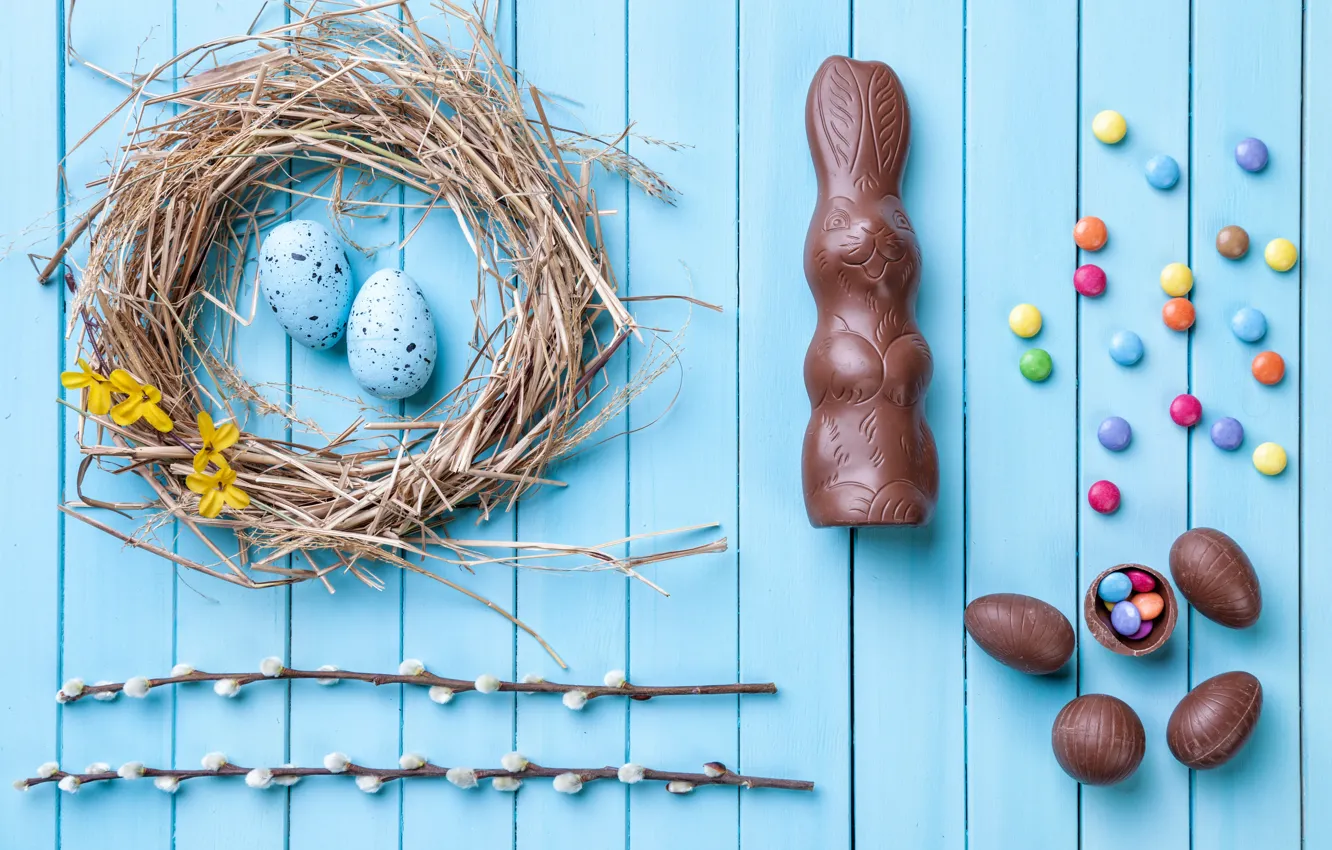 Photo wallpaper chocolate, eggs, colorful, rabbit, candy, Easter, wood, Verba, chocolate, spring, Easter, eggs, bunny, candy, decoration, …