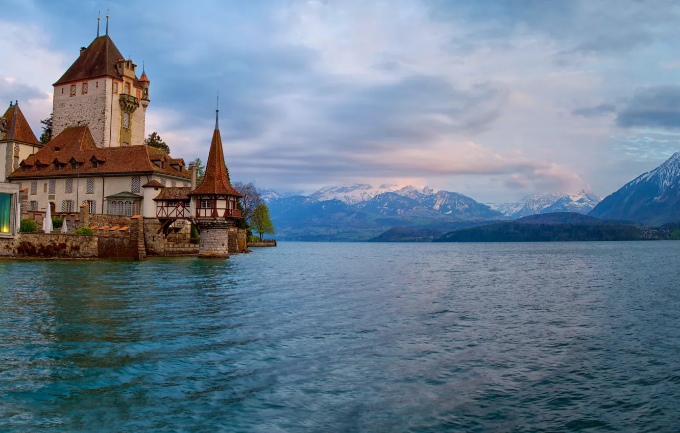 Photo wallpaper mountains, lake, castle, Switzerland, Alps, Switzerland, Alps, Lake Thun, Oberhofen Castle, Lake Thun, Oberhofen Castle, …