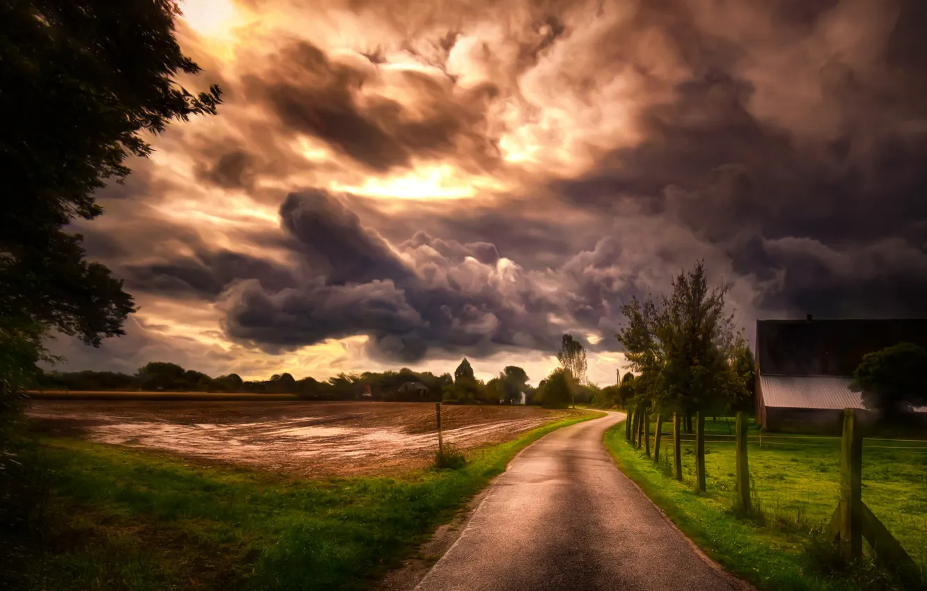 Photo wallpaper road, trees, clouds, house, Germany, The lower Rhine
