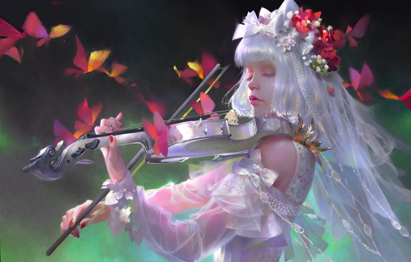 Photo wallpaper girl, music, violin, white dress, lace