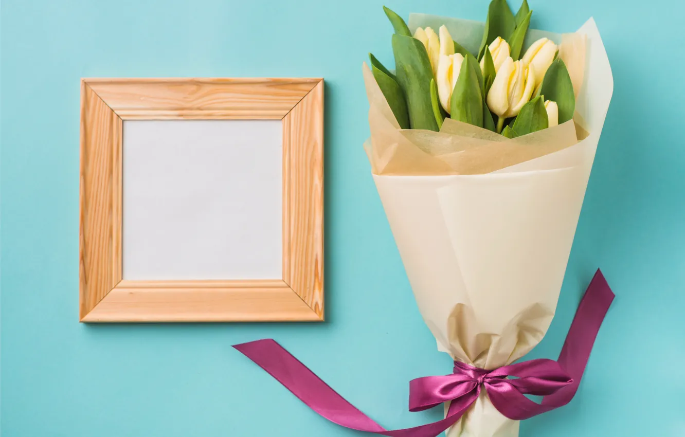 Photo wallpaper flowers, bouquet, frame, tape, tulips, yellow, flowers, romantic, tulips, spring