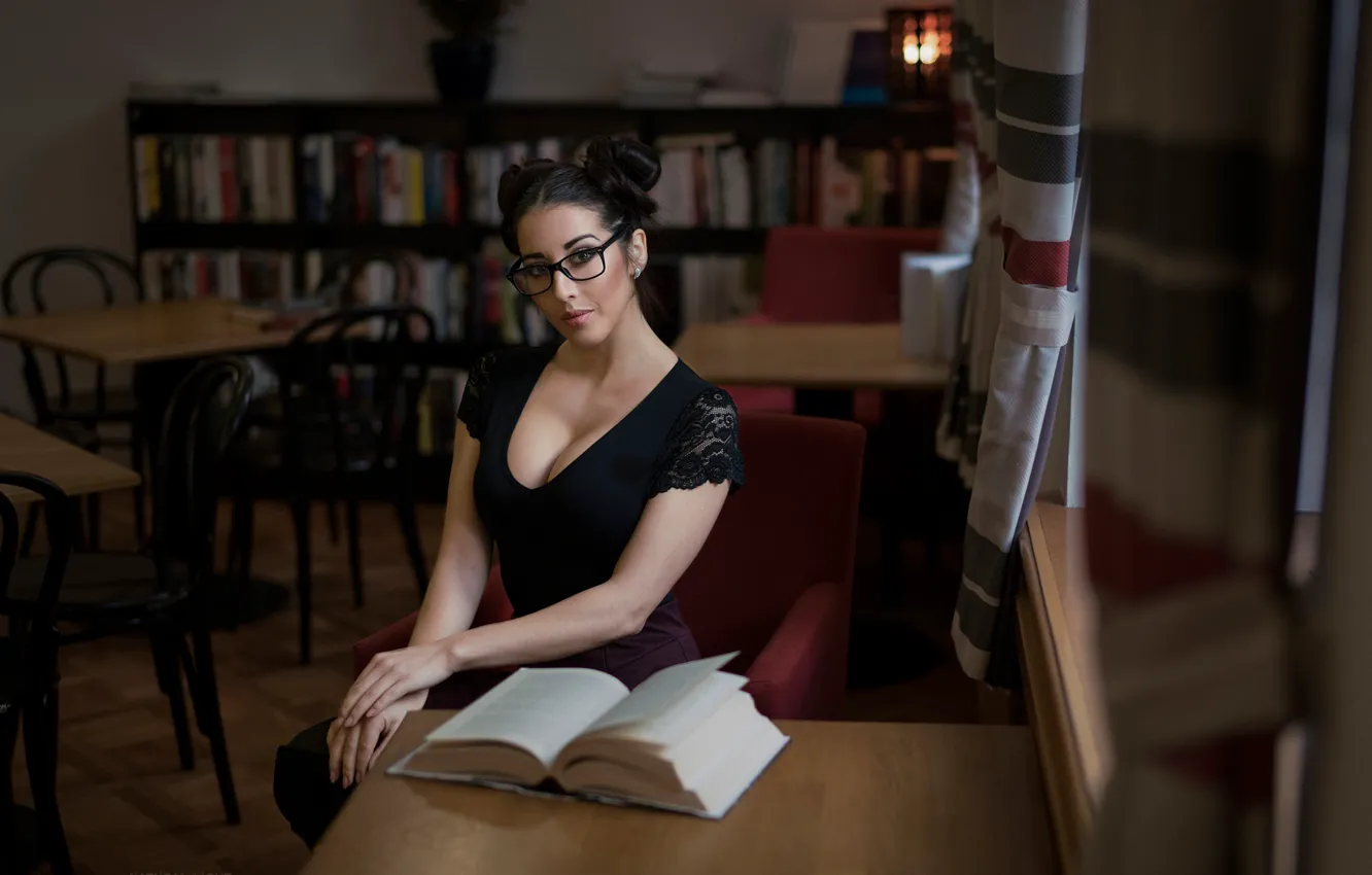 Photo wallpaper look, sexy, model, portrait, makeup, brunette, glasses, hairstyle, book, library, beauty, sitting, in black, bokeh, …