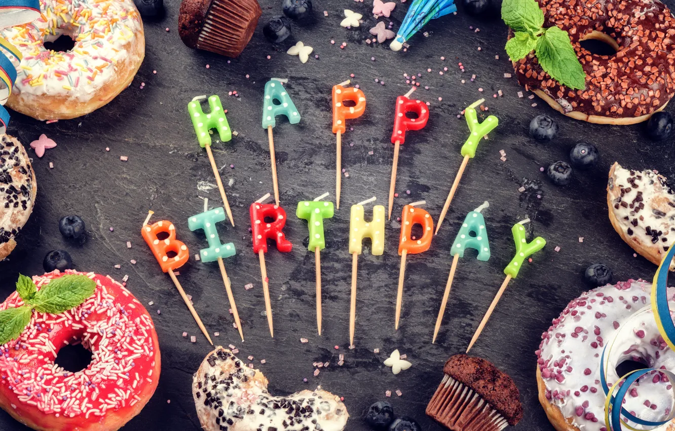 Photo wallpaper candles, colorful, Happy Birthday, colours, cupcake, celebration, cupcakes, decoration, candle, Birthday