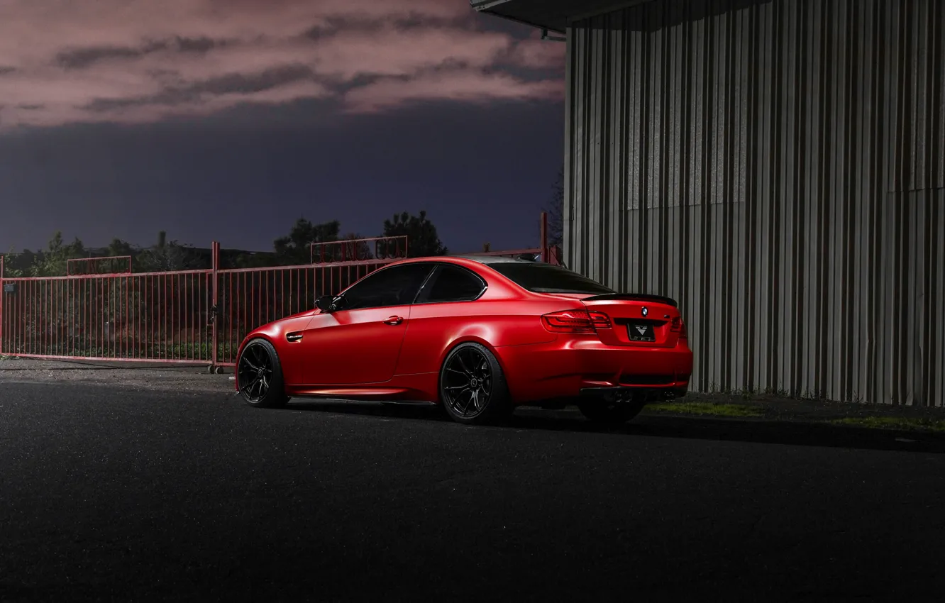 Photo wallpaper red, coupe, BMW, the fence, BMW, red, rear view, e92