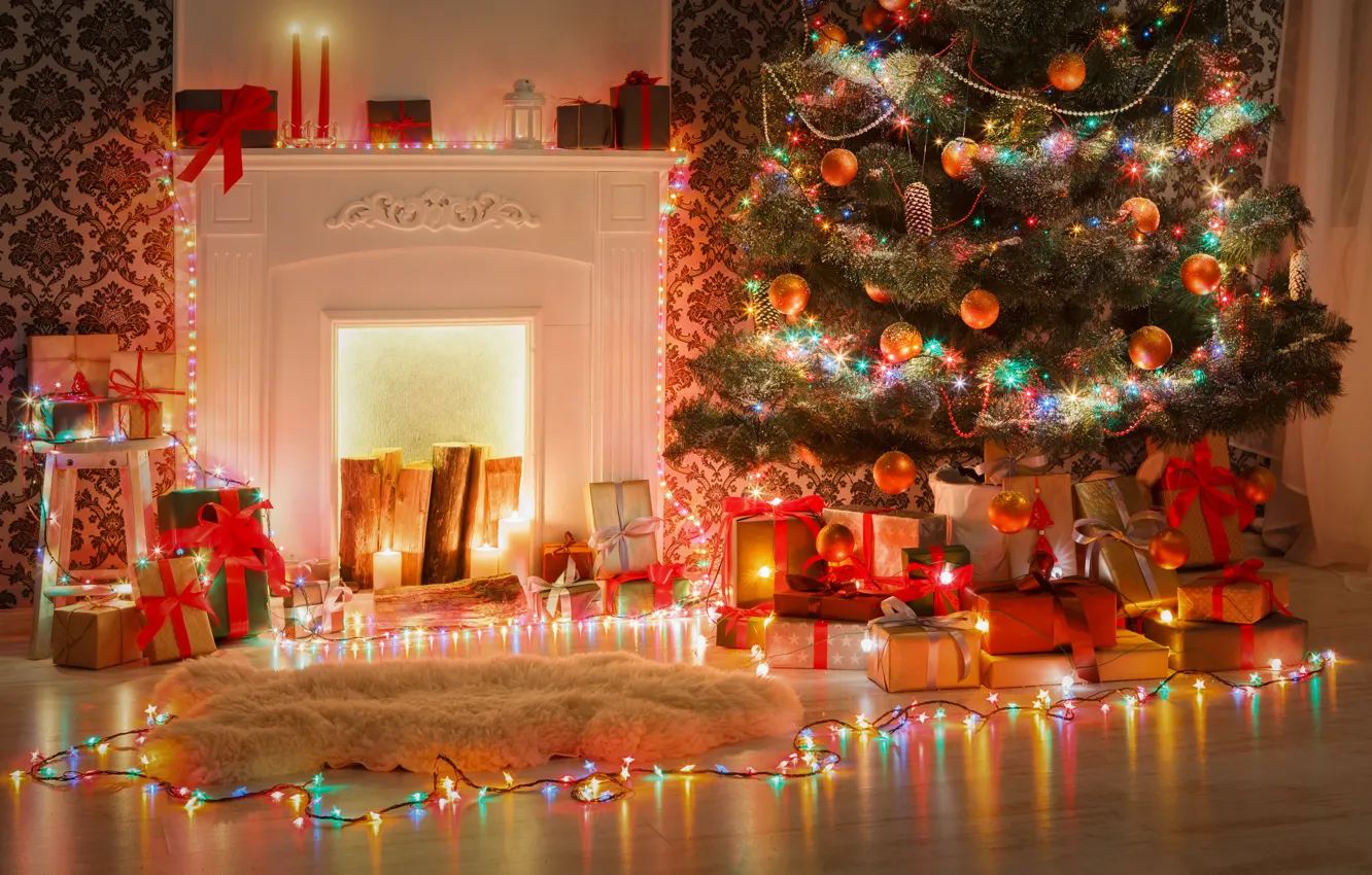 Фотообои украшения, игрушки, елка, Новый год, Рождество, подарки, камин, Рождество, дизайн, Merry Christmas, Xmas, interior, home,…