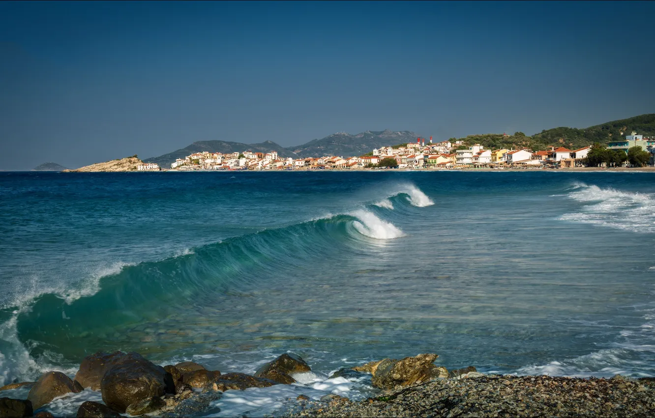 Photo wallpaper sea, wave, landscape, shore, home, Greece, Kokkari