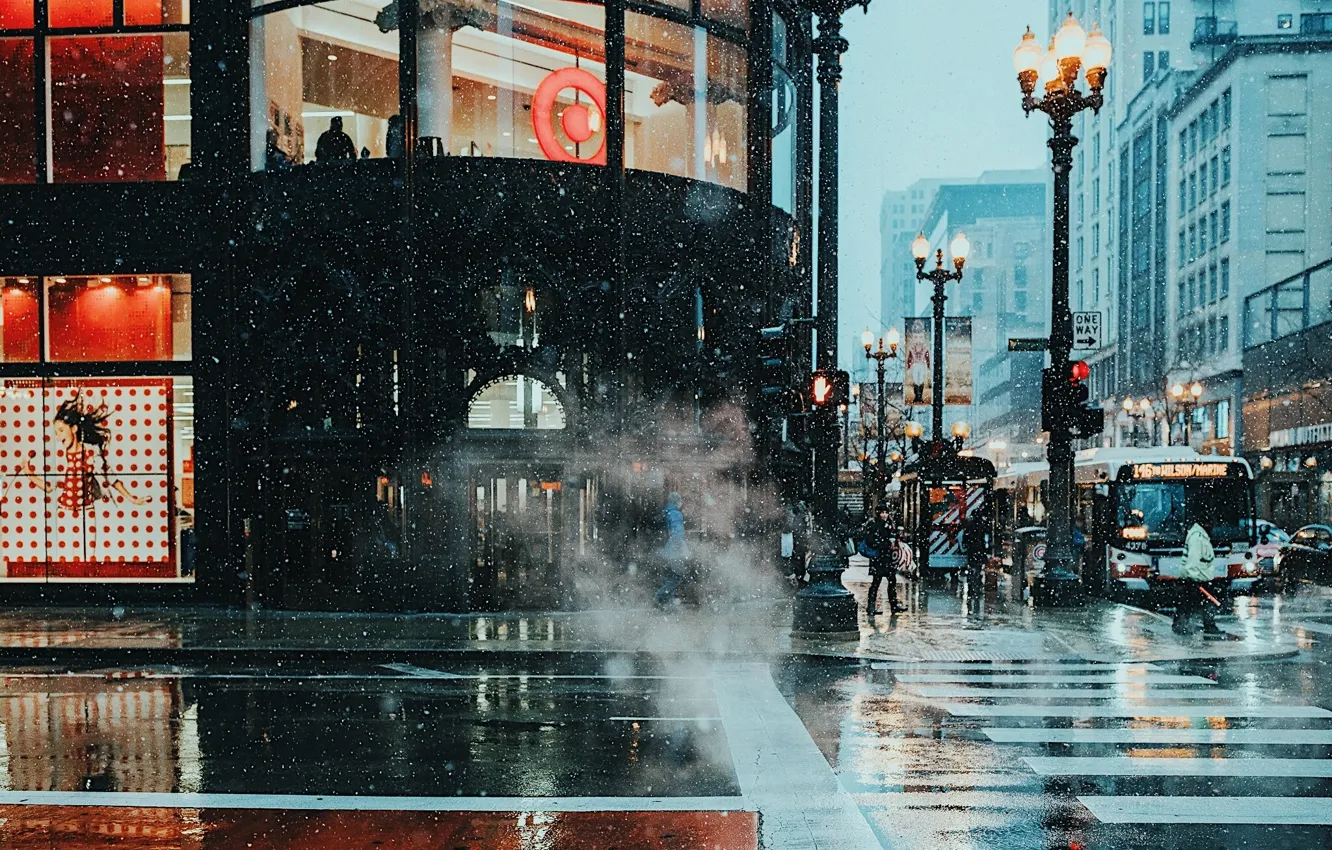 Photo wallpaper winter, wet, snow, the city, lights, people, street, the evening, Chicago, couples, USA, street