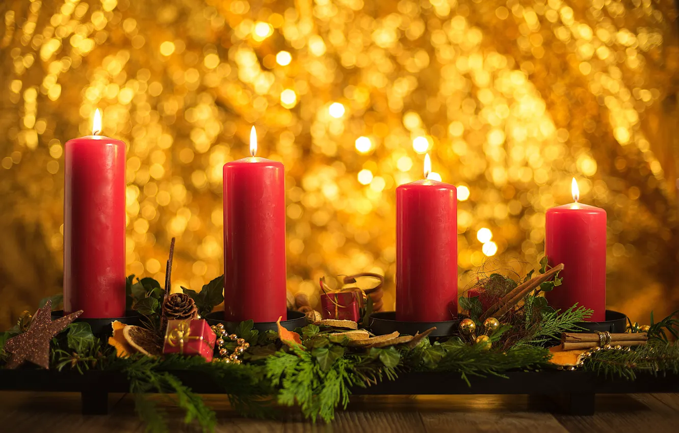 Photo wallpaper glare, background, candles, Christmas, New year, composition, decoration