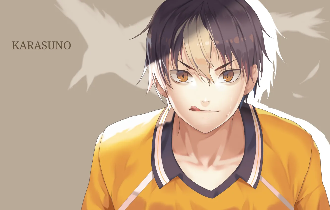Photo wallpaper language, look, guy, grey background, yellow eyes, bangs, sports uniforms, haikyuu!!, volleyball!!, nishinoya yuu