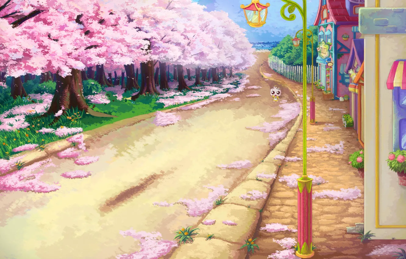Photo wallpaper house, street, spring, Sakura, art, walk, flowering