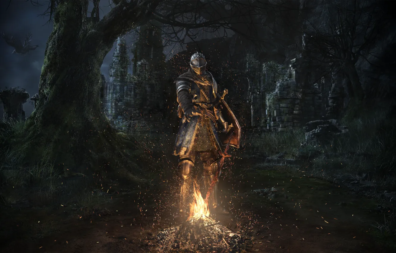 Photo wallpaper Armor, The fire, Ruins, Sword, Armor, Knight, Dark Souls, Namco Bandai Games, From Software, Remastered, …