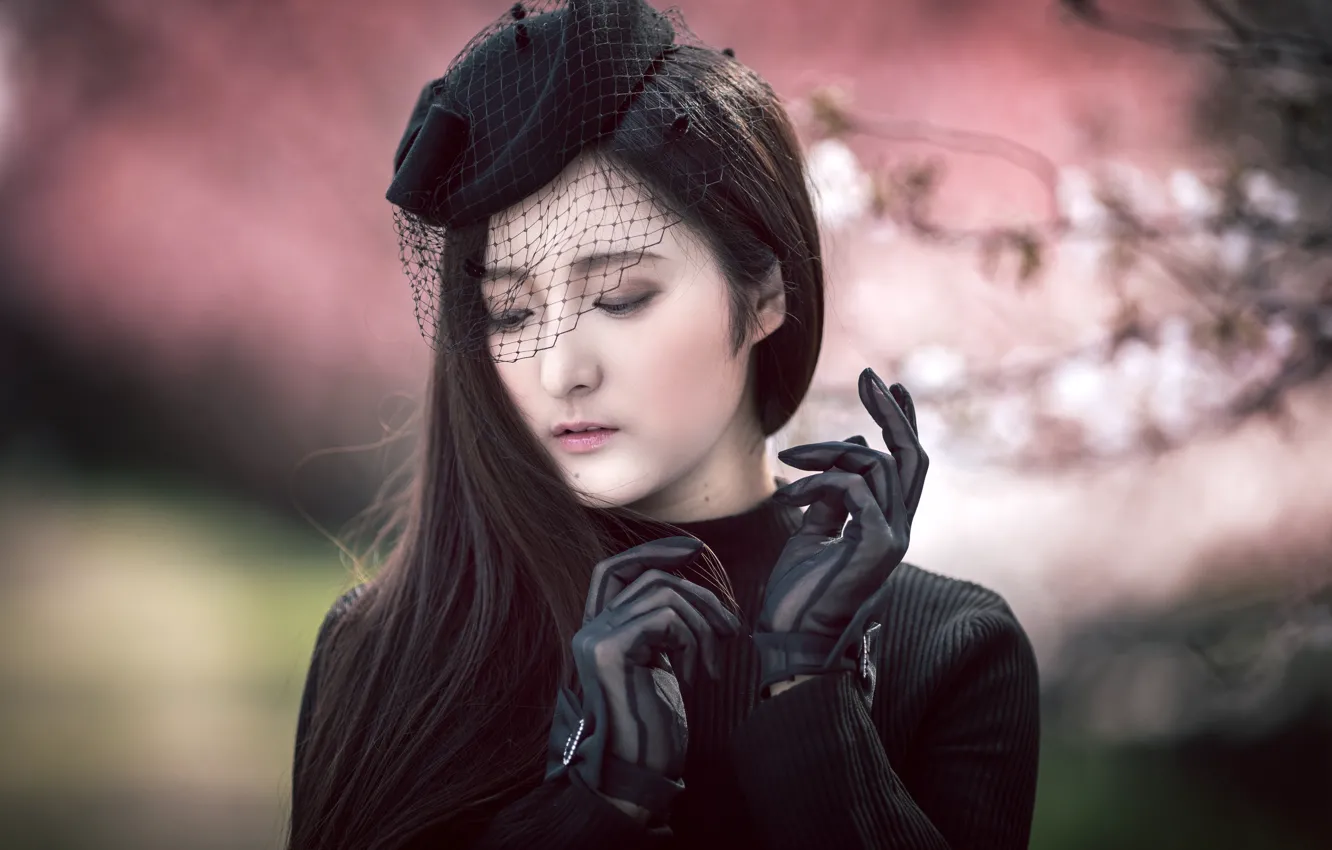 Photo wallpaper girl, portrait, gloves, hat, Asian, veil, Misaki