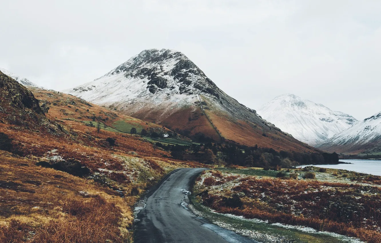 Photo wallpaper winter, road, mountains, lake