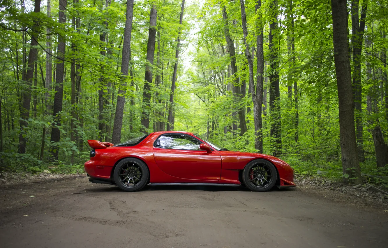 Photo wallpaper road, forest, red, sports car, Mazda RX-7