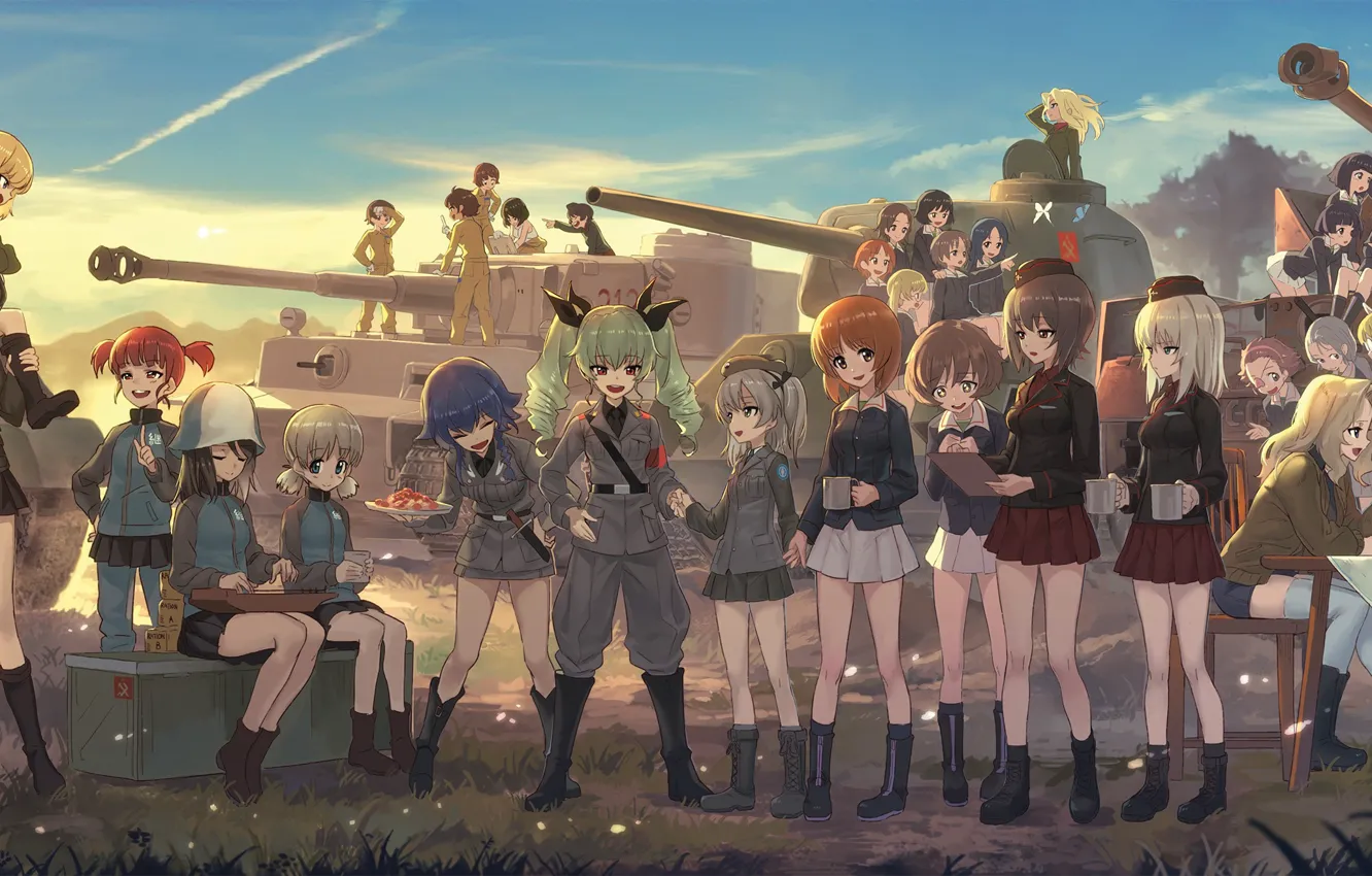 Photo wallpaper girl, happy, anime, army, asian, tank, japanese, oriental, asiatic, Girls and Panzer, seifuku, tank