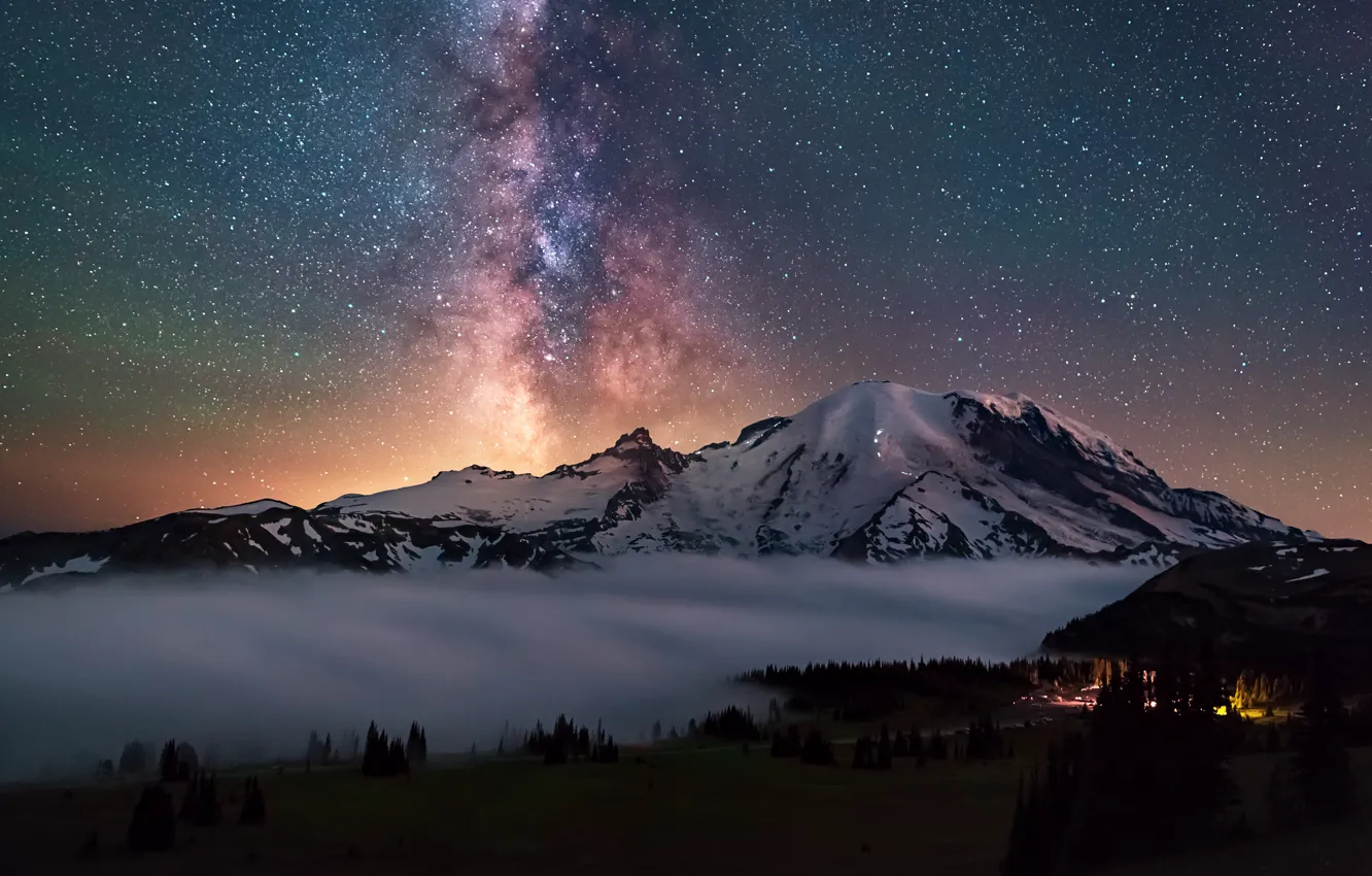 Photo wallpaper forest, the sky, stars, light, night, lights, mountain, USA, the milky way, national Park, Washington, …