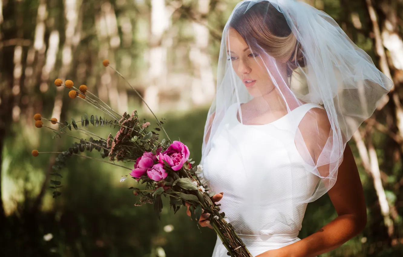 Photo wallpaper flowers, bouquet, the bride, veil, wedding, bokeh, Olya Alessandra, Andreas-Joachim Lins