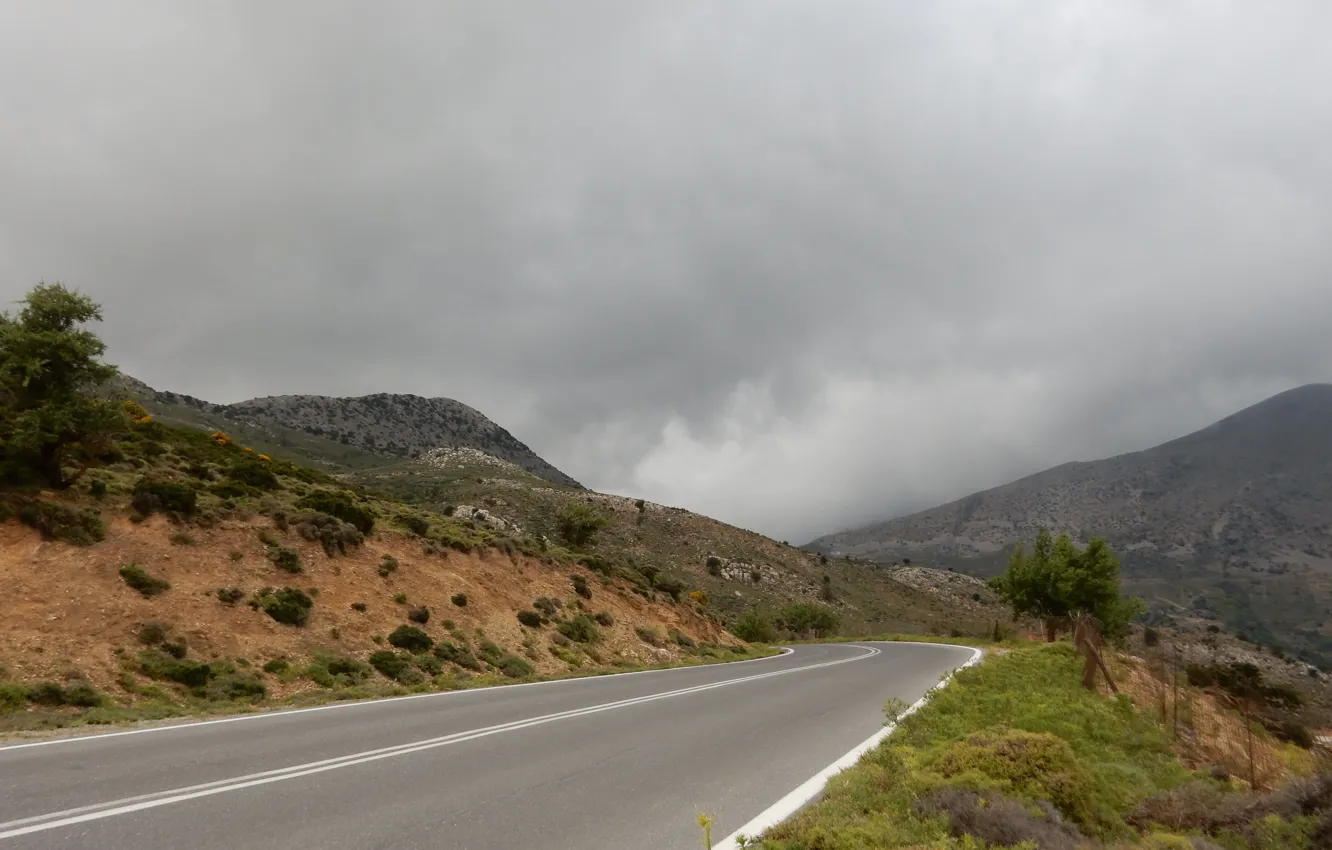 Photo wallpaper road, grass, clouds, mountains, nature, Greece, Crete