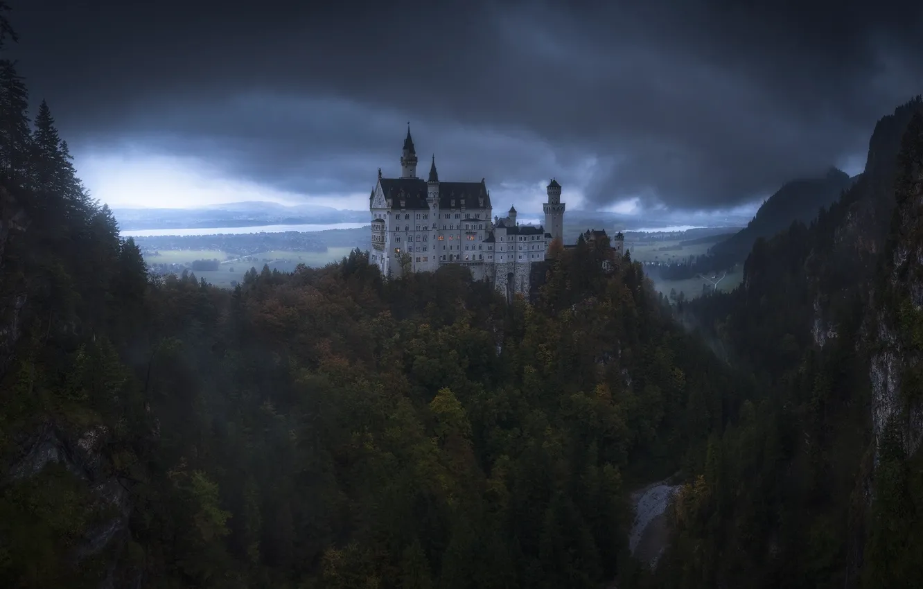 Photo wallpaper forest, clouds, castle, Germany, Bayern, Neuschwanstein