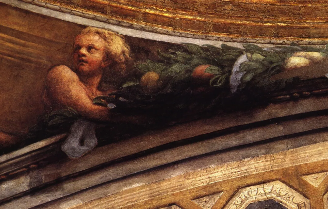 Photo wallpaper look, boy, Antonio Allegri Correggio, Italian painting, wary, Detail of the putto to the side …
