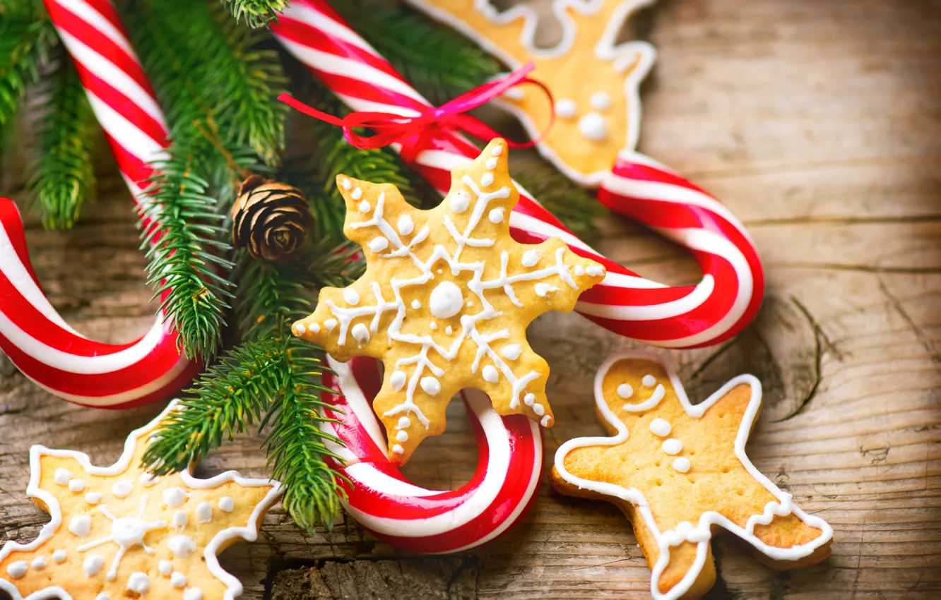 Photo wallpaper holiday, cookies, lollipops, treats, fir-tree branches